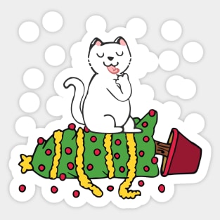 white cat knocked the christmas tree Sticker